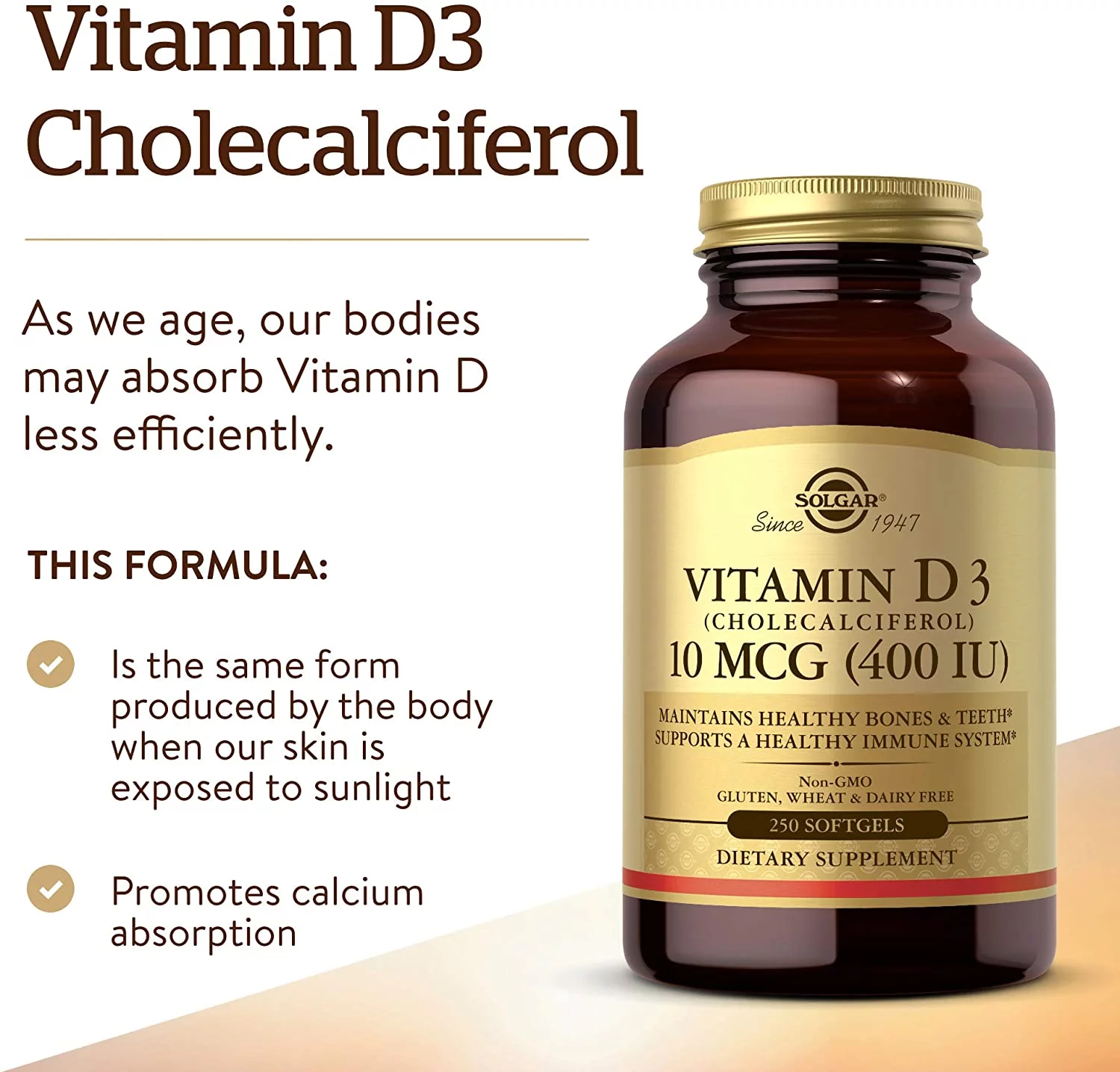 Solgar Vitamin D3 (Cholecalciferol) 10 MCG (400 IU) Softgels 1 ea (Pack of 3)