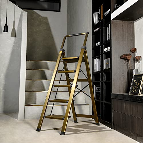 XinSunho 5 Step Ladder, Retractable Handgrip Folding Step Stool with Anti-Slip Wide Pedal, Aluminum Stool Ladders 5 Steps, 330lbs Safety Household Ladder