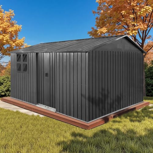 10' x 8' Large Outdoor Storage Shed, Sturdy Metal Building w/Windows & Lockable Doors for Garden, Backyard, Poolside and Lawn, Grey