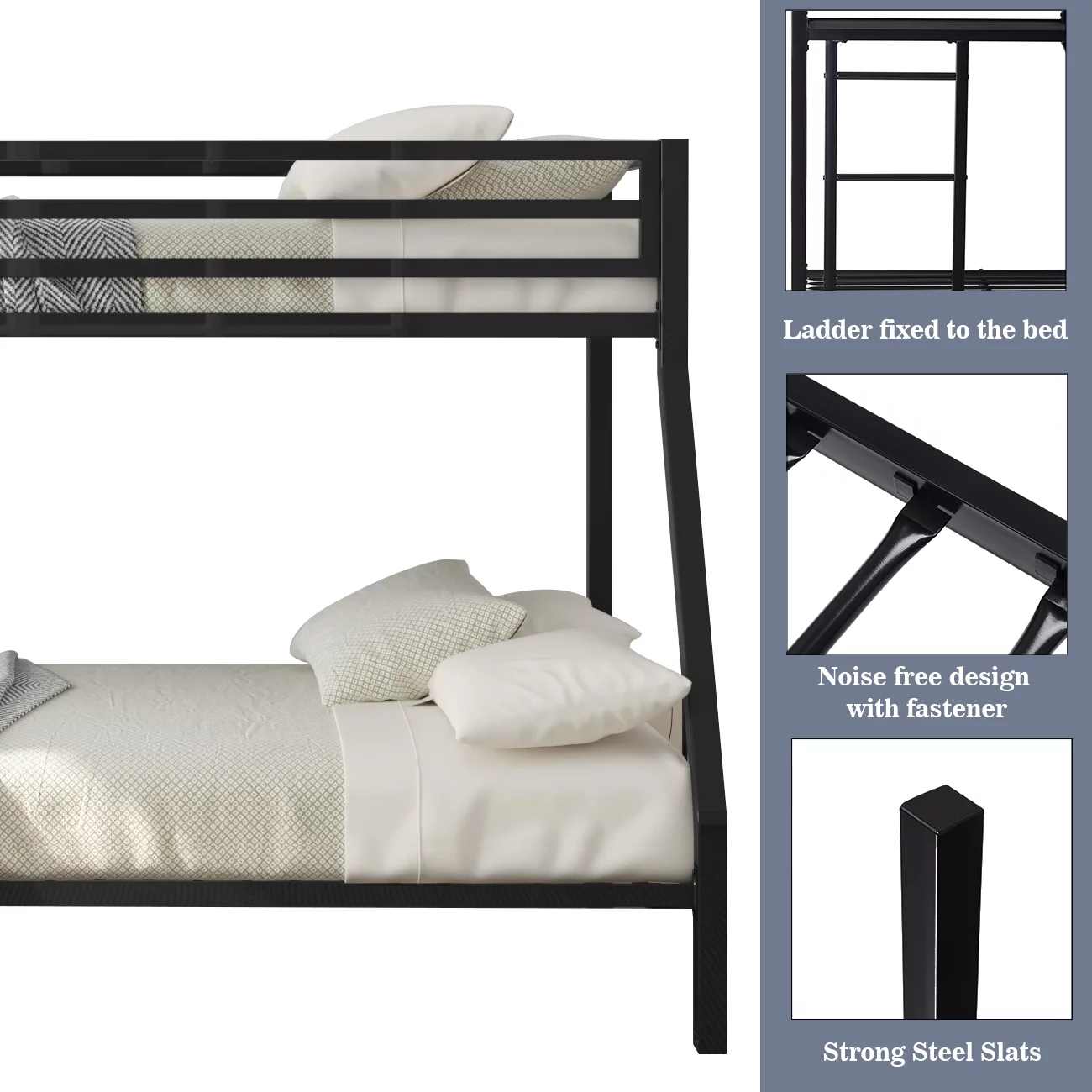 Allewie Twin Over Full Metal Bunk Bed with Removable Stairs & Full-Length Guardrail, Black