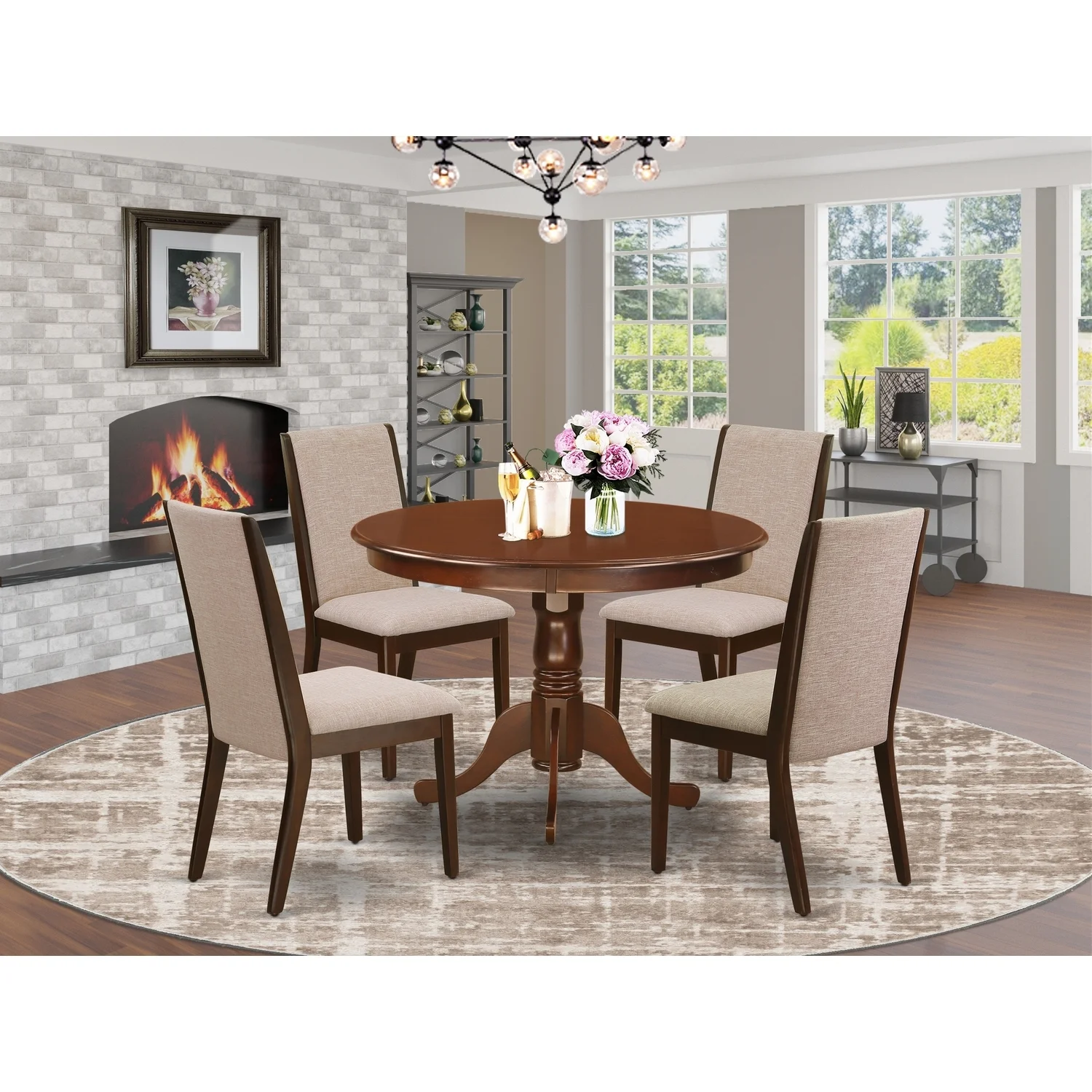 HomeStock Baroque Bliss 5-Piece Dining Room Table Set- 4 Dining Chairs And Small Round Table Hardwood Structure -High Back & Mahogany Finish