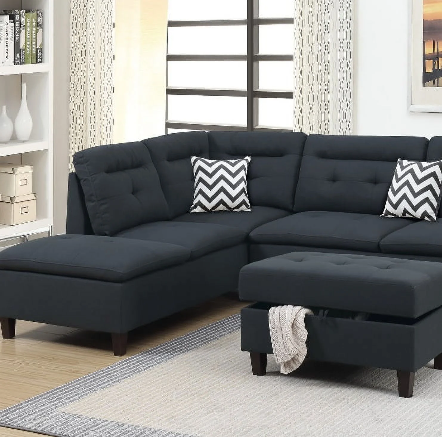Stylish Modern Classic Look Black Color Couch Sectional Sofa Ottoman w Storage Living Room Furniture Couch Cushion Pillows