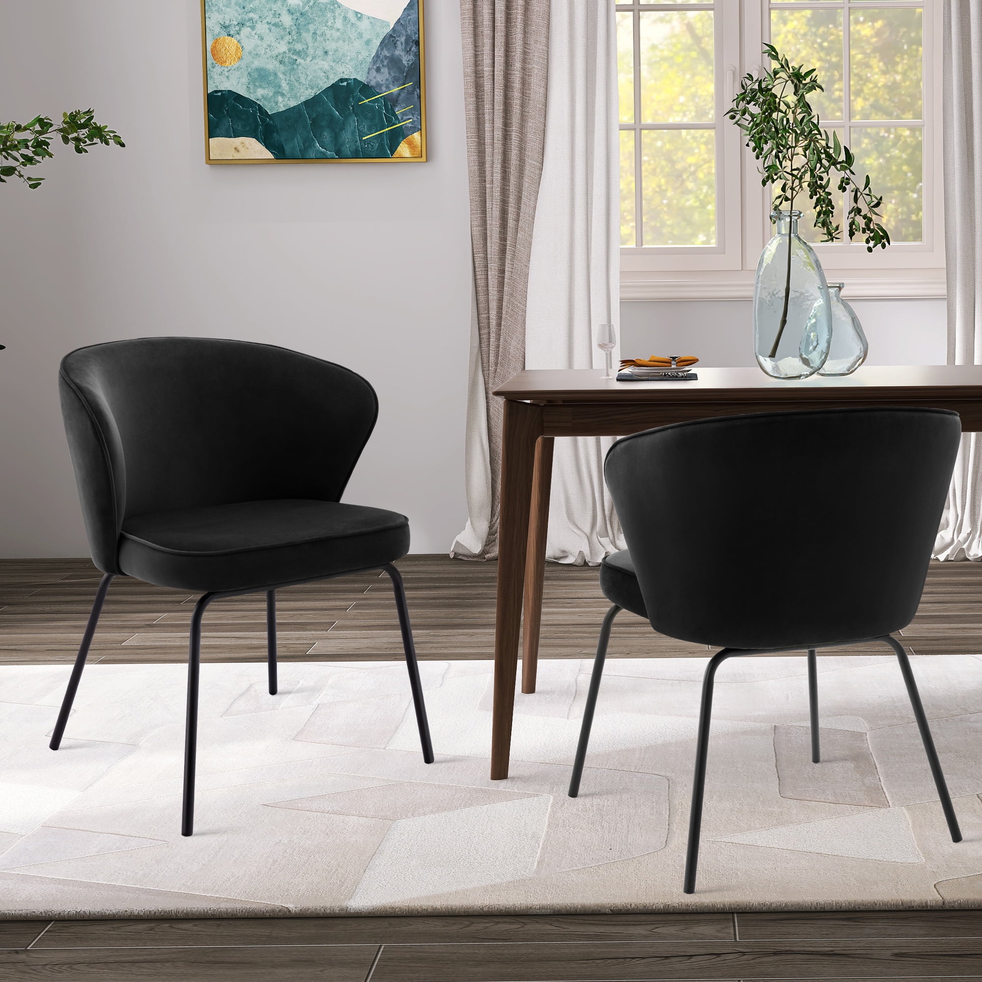 Zesthouse Velvet Dining Chairs Set of 2, Wingback Upholstered Kitchen Chairs with Black Metal Legs, Mid-Century Modern Side Chairs for Dining Living Room, Black