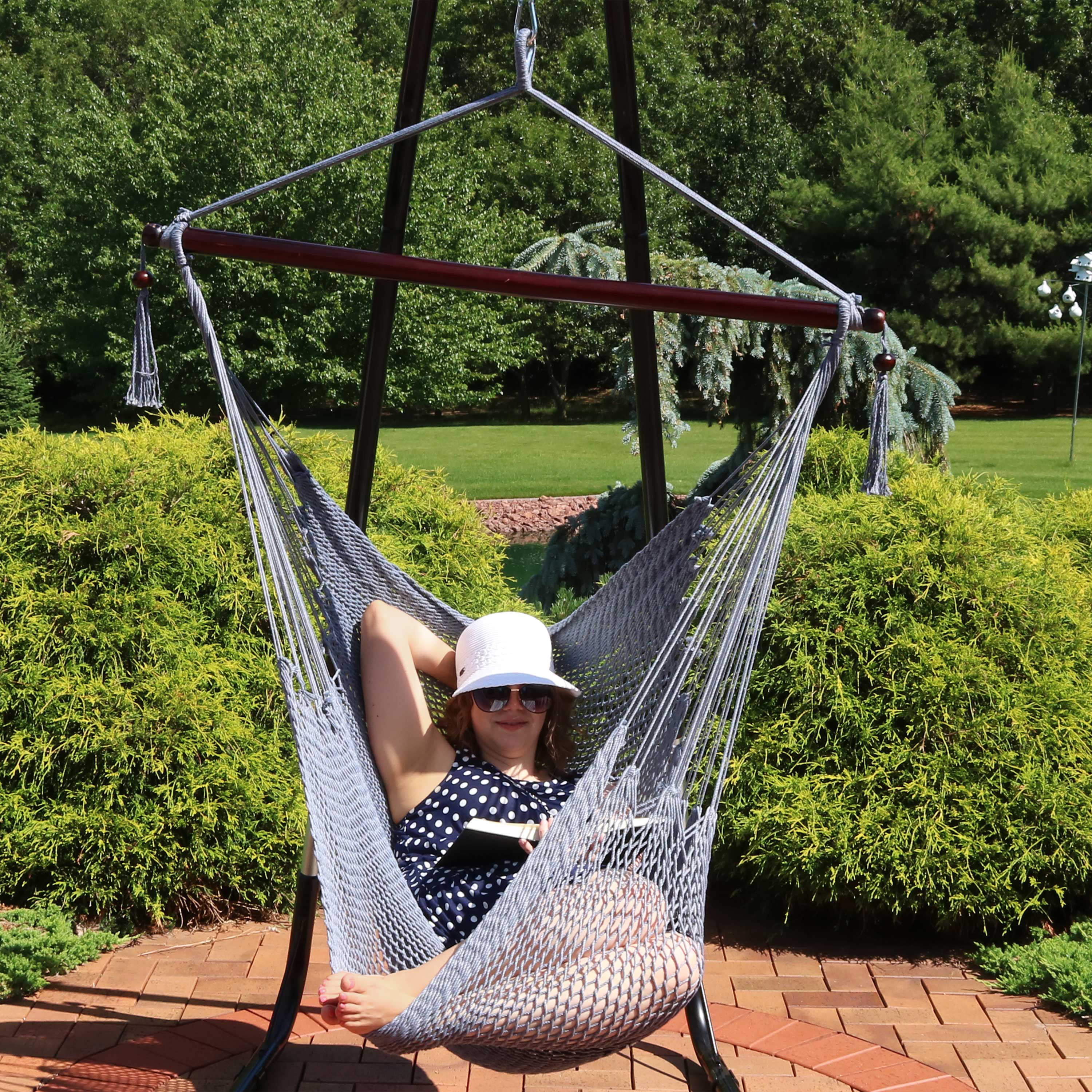 Sunnydaze Modern Boho Style Soft Spun Polyester Rope Hanging Caribbean XL Hammock Chair Swing - Gray