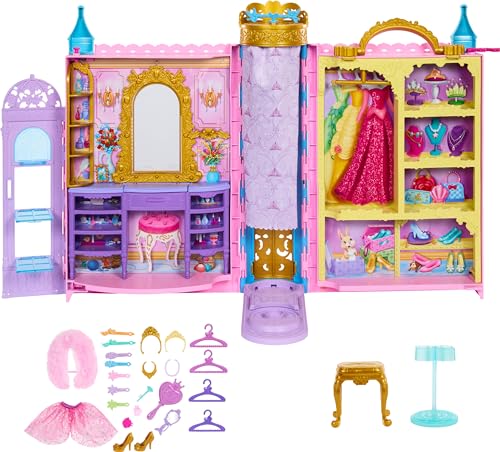 Mattel Disney Princess Toys, Ready for The Ball Closet Playset Opens to 2 Feet Wide & Includes 2 Fashions, 25 Accessories, Storage & More