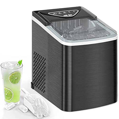 SPECILITE Ice Makers Countertop, Compact Counter Machine, Self Cleaning, 26L/24H, 9 Ice Cubes S/L Pellet in 6-8 Mins, Portable Icemaker with Pouch/Bag/Scoop/Basket for Home Kitchen Office Bar (Black)