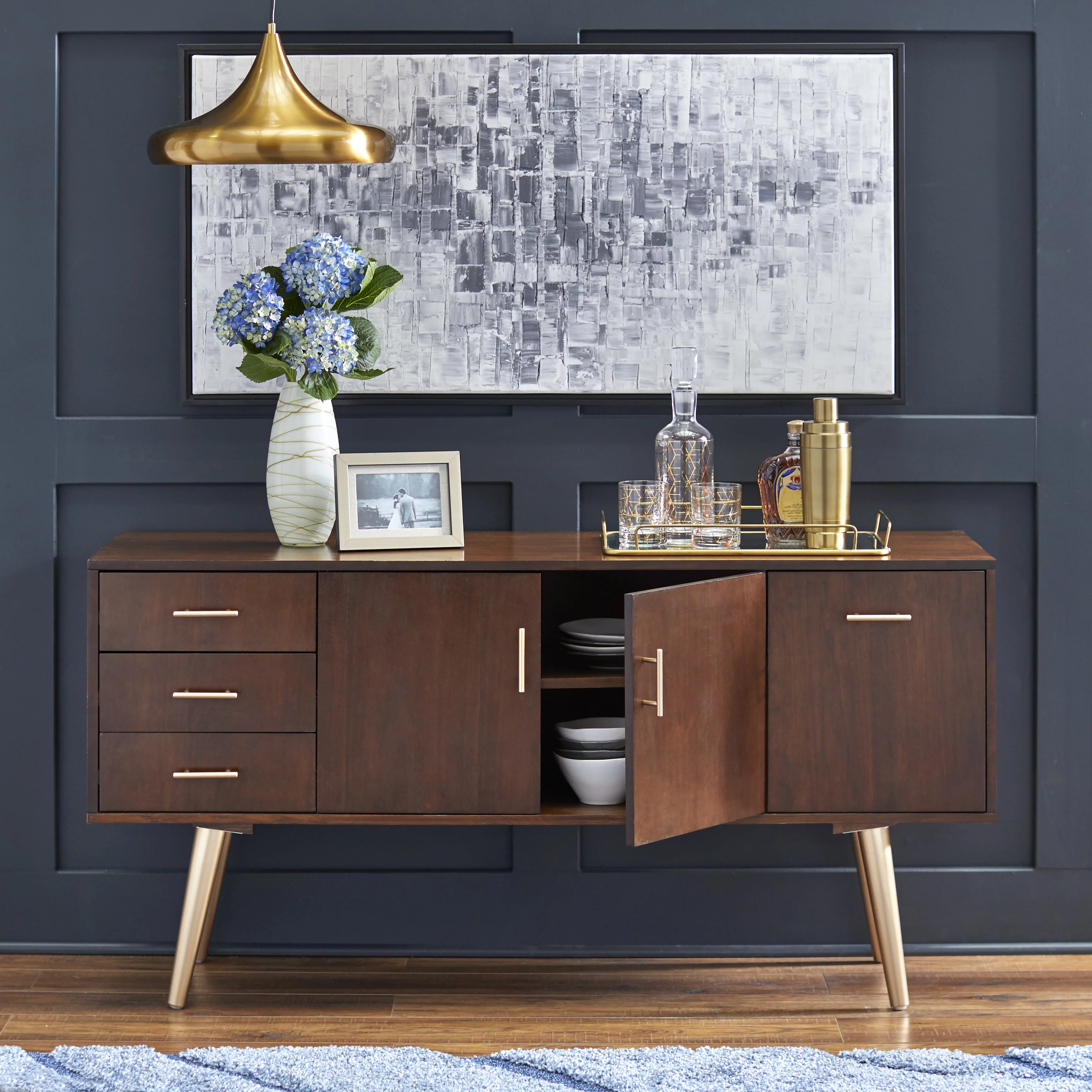 TMS Maura Mid-Century Modern 56” Wide Dining Room Sideboard Buffet, Walnut Finish