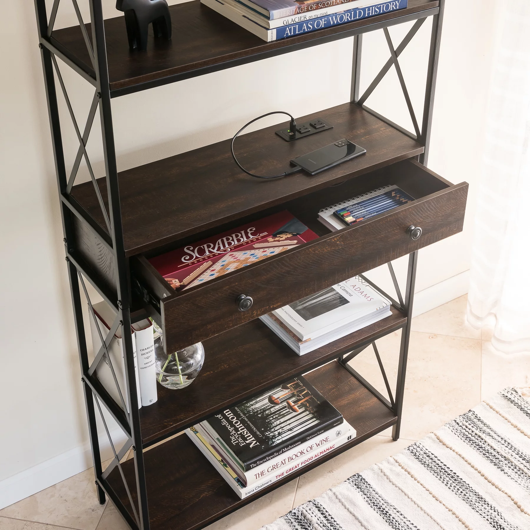 DecorTech 5 Shelf Bookcase with USB, AC Power Outlets and Drawer, Walnut