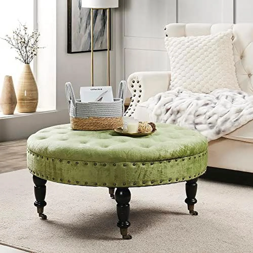 Green Tufted Round Ottoman Coffee Table 34"x 34"x 17"H Large Sturdy Decorative Textured Velvet Cocktail Ottoman for Living Room Bedroom  Large Stable Foot Rest Stool with Cast