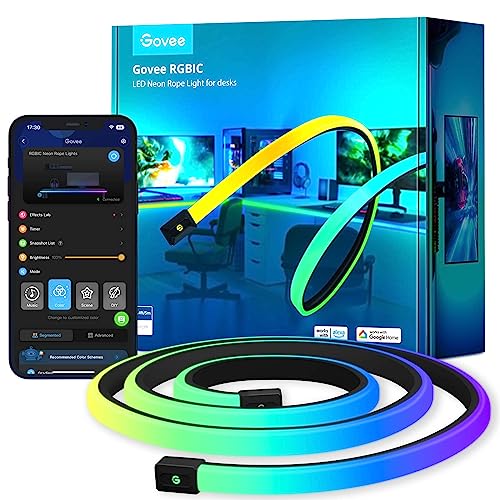 Govee RGBIC Gaming Lights, 10ft Neon Rope Lights Soft Lighting for Gaming Desks, LED Strip Lights Syncing with Razer Chroma, Support Cutting, Smart App Control, Music Sync, Adapter (Only 2.4G Wi-Fi)