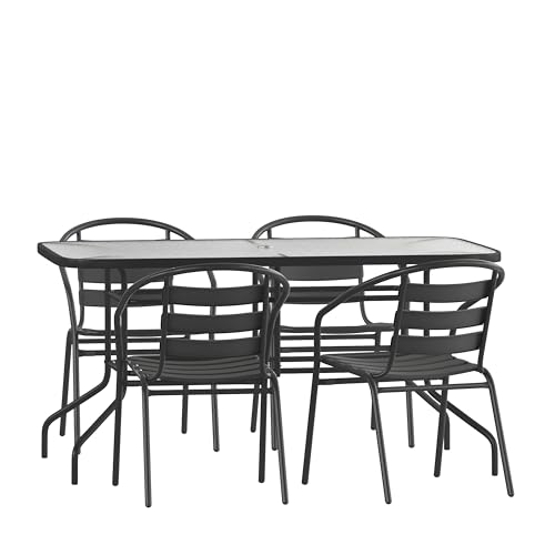 EMMA + OLIVER Patio Table & Chairs Set - Rectangular Metal Table with Tempered Glass Top - 4 Black Aluminum Stacking Chairs - All Weather for Indoor/Outdoor Use