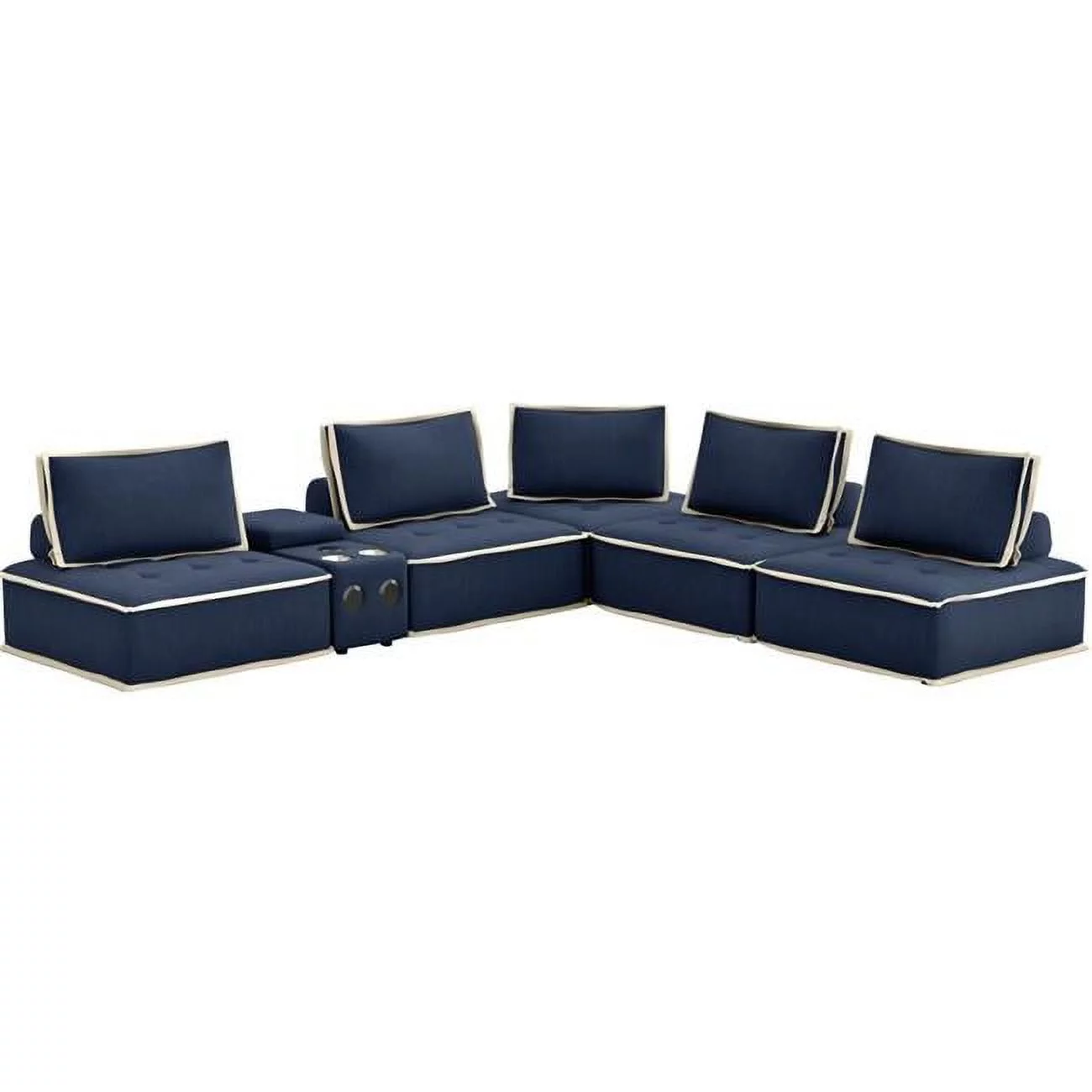 Pixie 6Pc Sectional Module Sofa/Speaker Console USB Storage/Blue/Cream Fabric