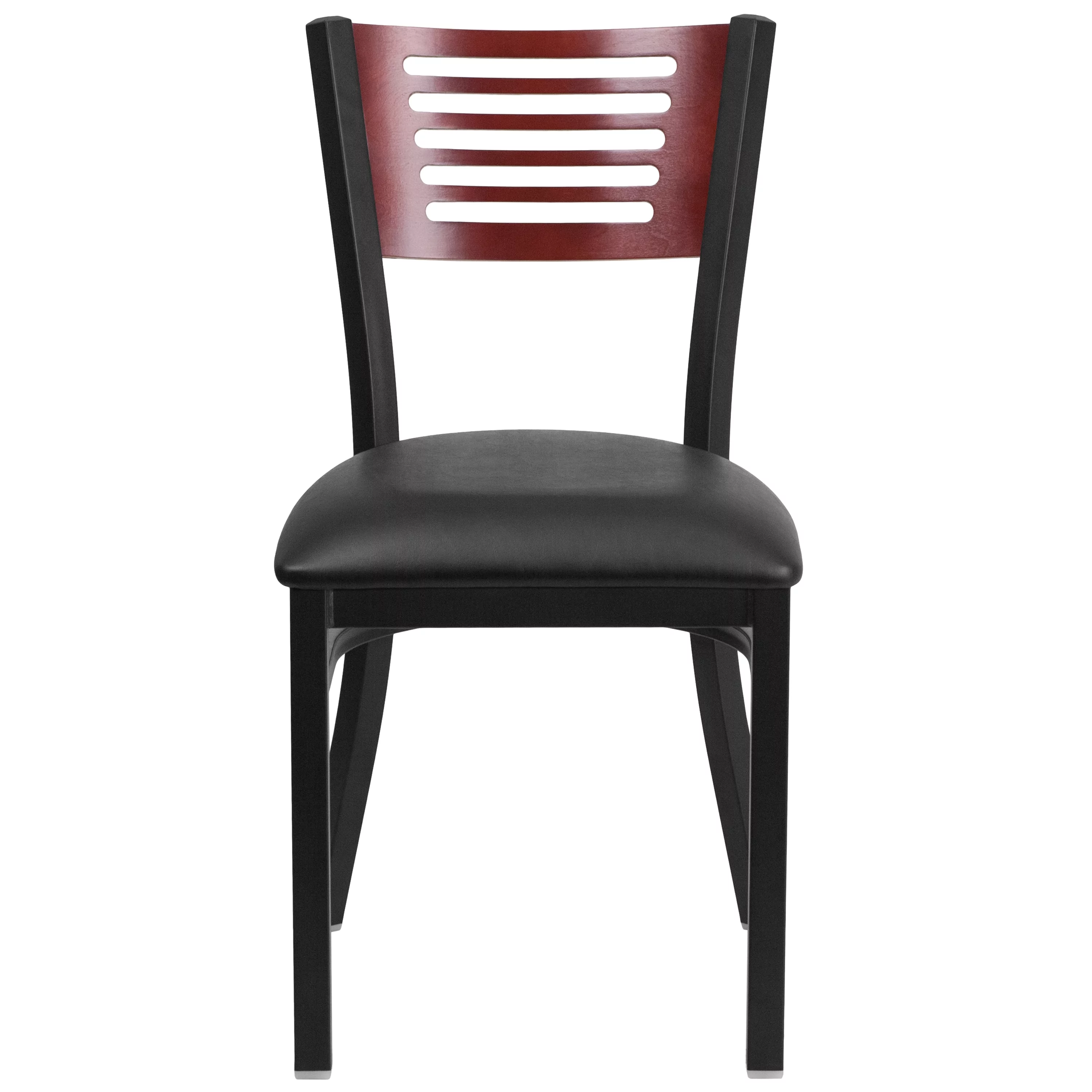 Flash Furniture 2 Pk. HERCULES Series Black Slat Back Metal Restaurant Chair - Mahogany Wood Back, Black Vinyl Seat
