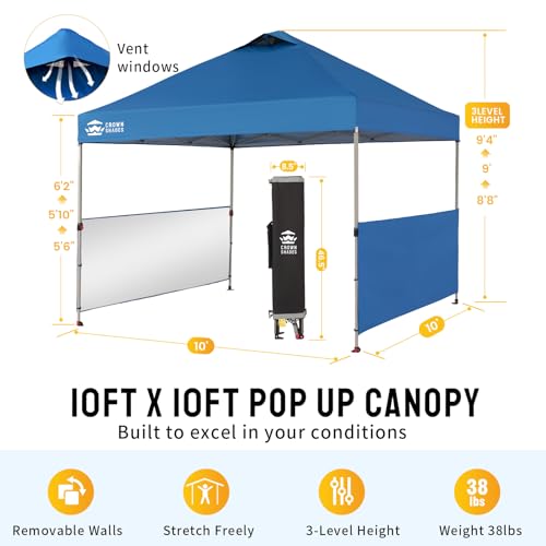 CROWN SHADES 10x10 Pop up Canopy Tent Instant Canopy with 150D Silver Coated Fabric Including 2 Half Sidewalls, 4 Ropes, 8 Stakes, 4 Weight Bags, STO 'N Go Bag, Grid Grey