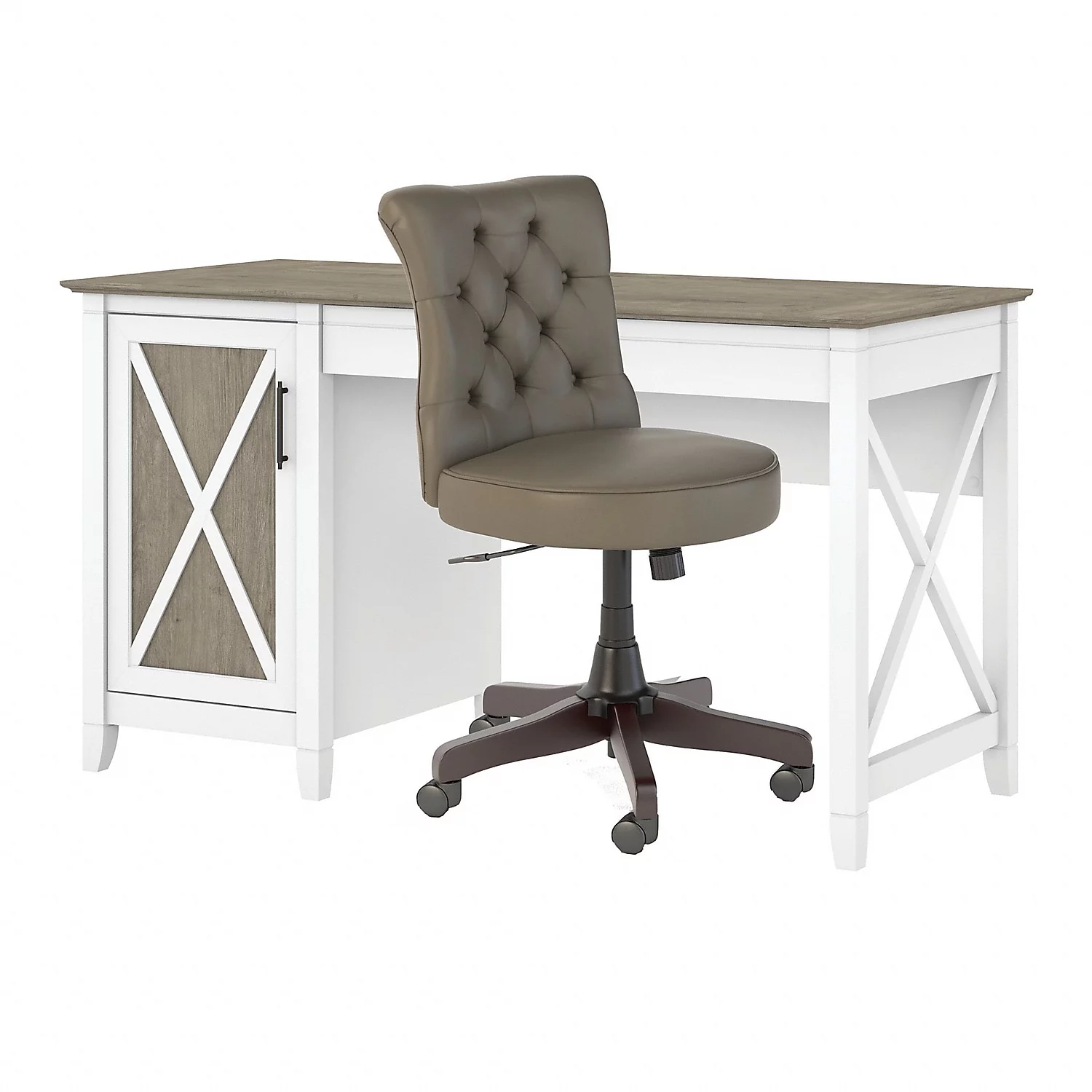Bush Furniture Key West 54W Computer Desk with Storage and Mid Back Tufted Office Chair in Pure White and Shiplap Gray