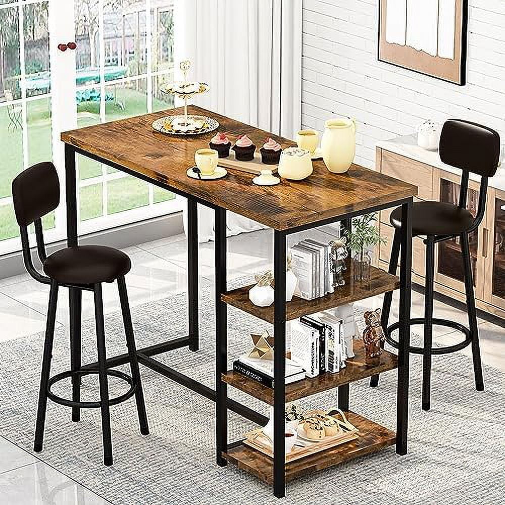 KHBIULIFE Dining Table Set for 2 with 3  Shelves  Modern  Table and Chairs Set with 2 Chairs & Thickened Top  Kitchen Pub Dining Table for Small Space  Vintage Brown