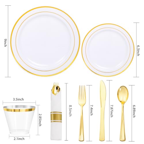 350Piece Gold Dinnerware Set for 50 Guests - Gold Plastic Plates with Disposable Cutlery Include:50Dinner Plates-50Dessert Plates-50Pre Rolled Napkins with Silverware for Thanksgiving