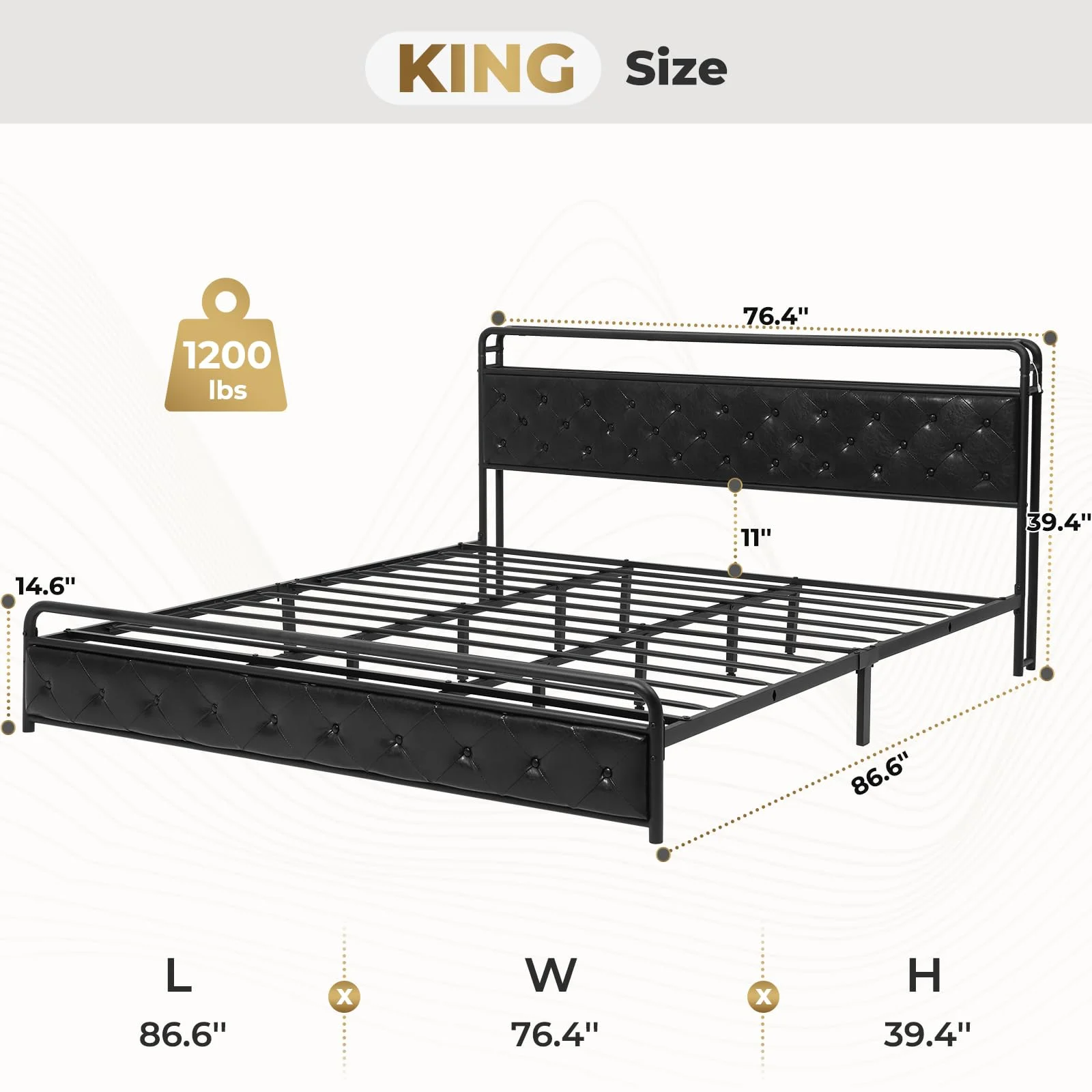 ADORNEVE King Size Bed Frame with Built-in LED Light Headboard, USB Ports and Outlets, Faux Leather Upholstered Platform Bed Frame with Diamonds Tufting Design, Black