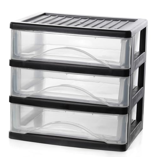 BYCY Medium 4 Drawer Clear Stacking Desktop Organizer for Office Supplies,Stackable Storage Drawers Plastic Storage Bins For Kitchen Cabinets, Pantry, Home Organization (Black, Medium 4Drawer)