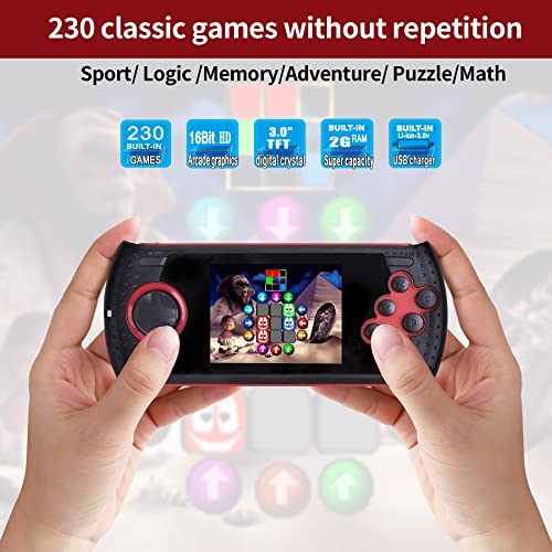 16 Bit Handheld Game for Kids Built-in 230 HD Classic Retro Video Games USB Rechargeable 3.0 Inch Childrens Travel Electronics Toys Portable Gaming Player System Gift for Boys Girls Ages 4-8-12