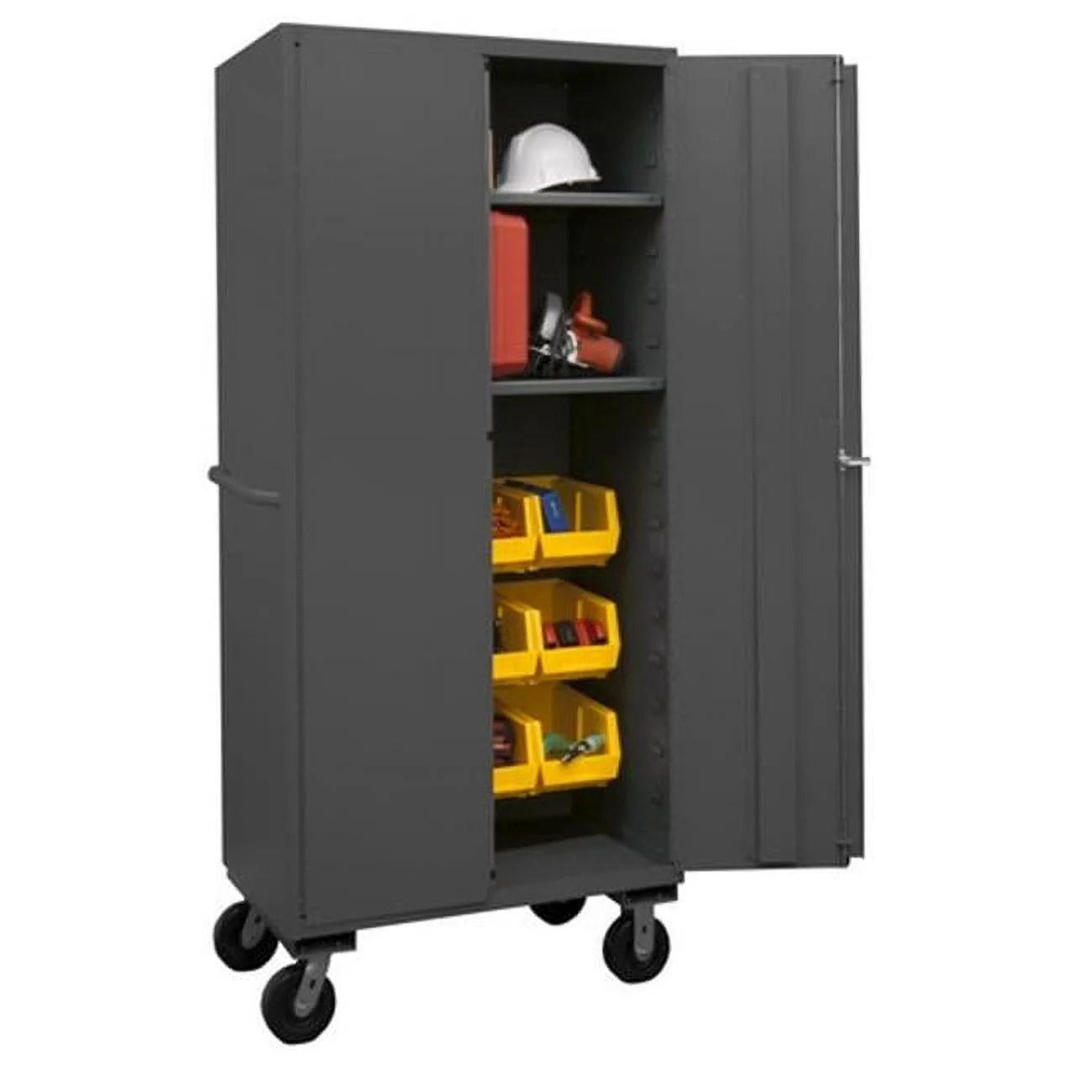 Durham 2501M-BLP-12-2S-95 36 in. 16 Gauge Flush Door Style Lockable Mobile Cabinet with 12 Yellow Hook on Bins & 2 Adjustable Shelves, Gray