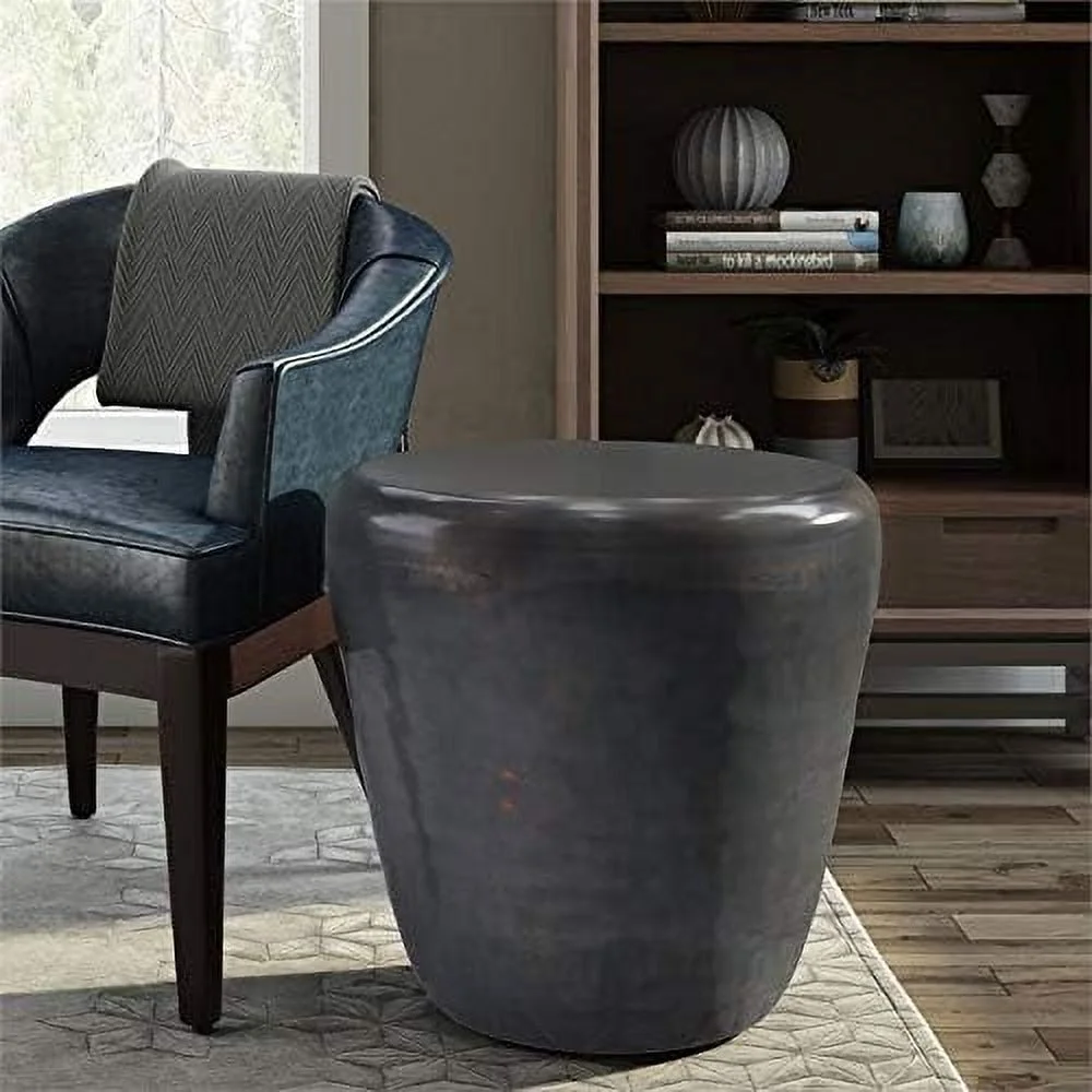 Small Boho End Table For Living Room, Round Modern Accent Bed Side Table For Small Spaces, Narrow Metal Nightstand For Bedroom, Unique Rustic Circle Telephone Table For Sofa Side And Office, Dark Gray