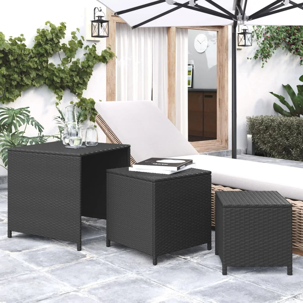 OWSOO Nesting Tables 3 pcs, Black Poly Rattan, Durable Material, Sturdy Steel Frame