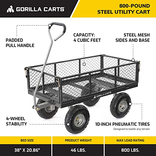 Gorilla Carts Steel Utility Cart, Garden Wagon w/Handle & Removable Sides, Up to 800 Lbs - Heavy-Duty Gardening Equipment for Yard, Lawn, and Outdoor Use