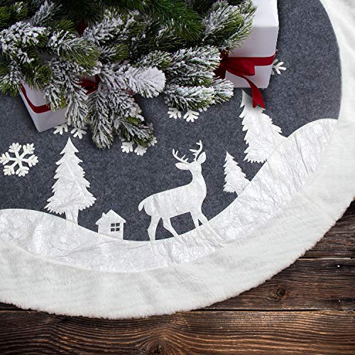 Christmas Tree Skirt, Fur Rustic White Xmas Tree Skirt,Snowy Christmas Trees Mat Decorations Indoors,Deer and Snowflake Pattern (36 inches, Two Deers)