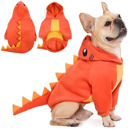 QBLEEV Dog Dinosaur Costume, Dog Halloween Costume with Hood, Winter Warm Pullover Clothes for Cold Weather, Funny Party Cosplay Coat Sweatershirt, Soft Knit Pet Outfit for Small Medium Large Dogs