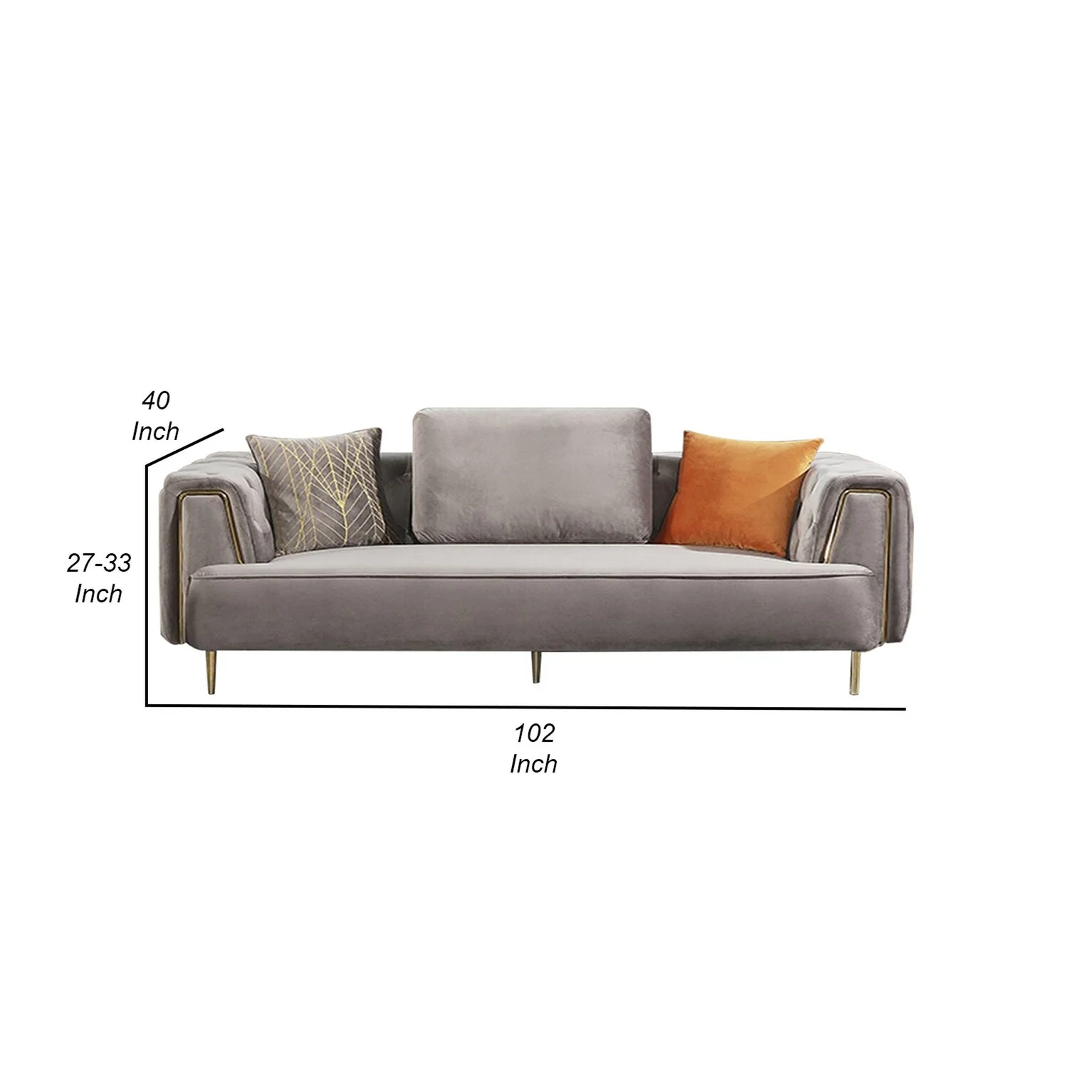 BenJara Luxi 102 Inch 4 Seater Sofa, Gray Velvet Upholstery, Chesterfield Design