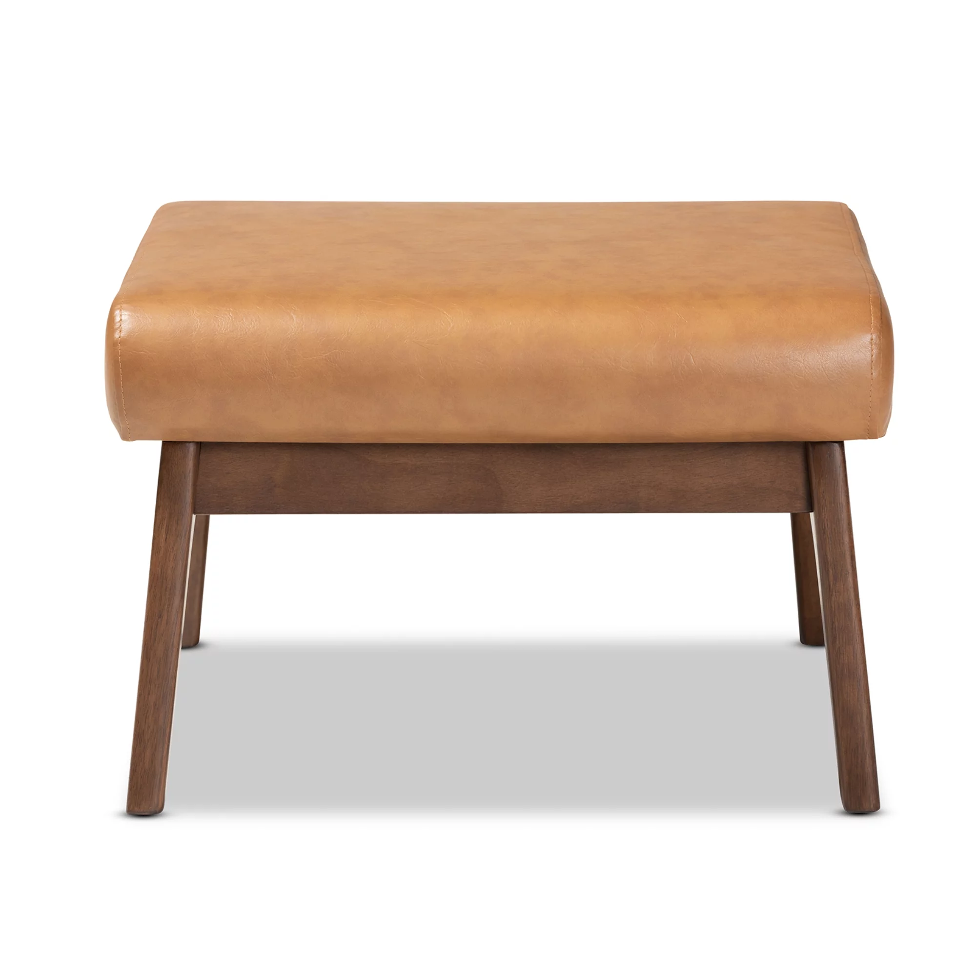 Baxton Studio Bianca Mid-Century Modern Walnut Brown Finished Wood and Tan Faux Leather Effect Ottoman
