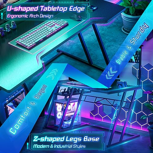 Armocity Gaming Computer Desk with Shelves and Outlets, Gaming Desk with Hutch and LED Lights, Reversible PC Gaming Desks with Pegboard, Carbon Fiber Black 47''