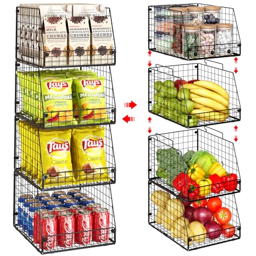 4 Pack XXL Stackable Wire Storage Basket, Extra Large Capacity Pantry Organizer and Storage, Muti-Purpose for Fruit Vegetable Basket & Toy Bin & Snack Organizer