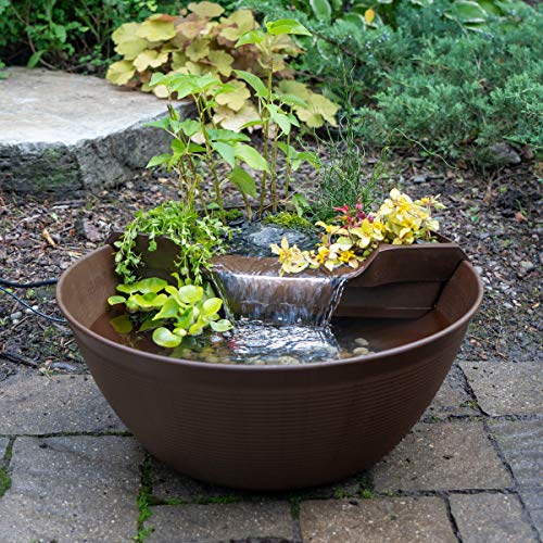 Aquascape AquaGarden Container Water Feature Kit – Indoor & Outdoor Mini Pond with Waterfall Fountain, Pump & Filtration for Home & Patio, Brown
