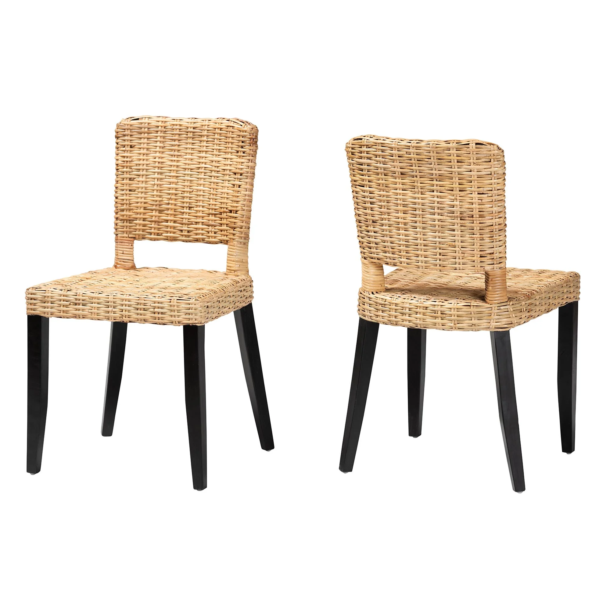 Baxton Studio Dermot Modern Bohemian Dark Brown Finished Wood and Natural Rattan 2-Piece Dining Chair Set