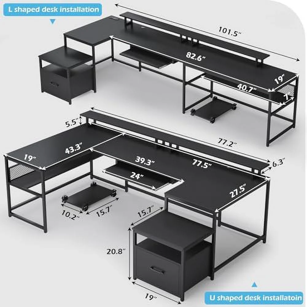 U Shaped Desk  Reversible L Shaped  Office Desk with File Drawer & Power Outlet  101.5'' Computer Desk with Monitor Shelf  Keyboard Tray and Printer  Shelves  Gaming Desk  Bla