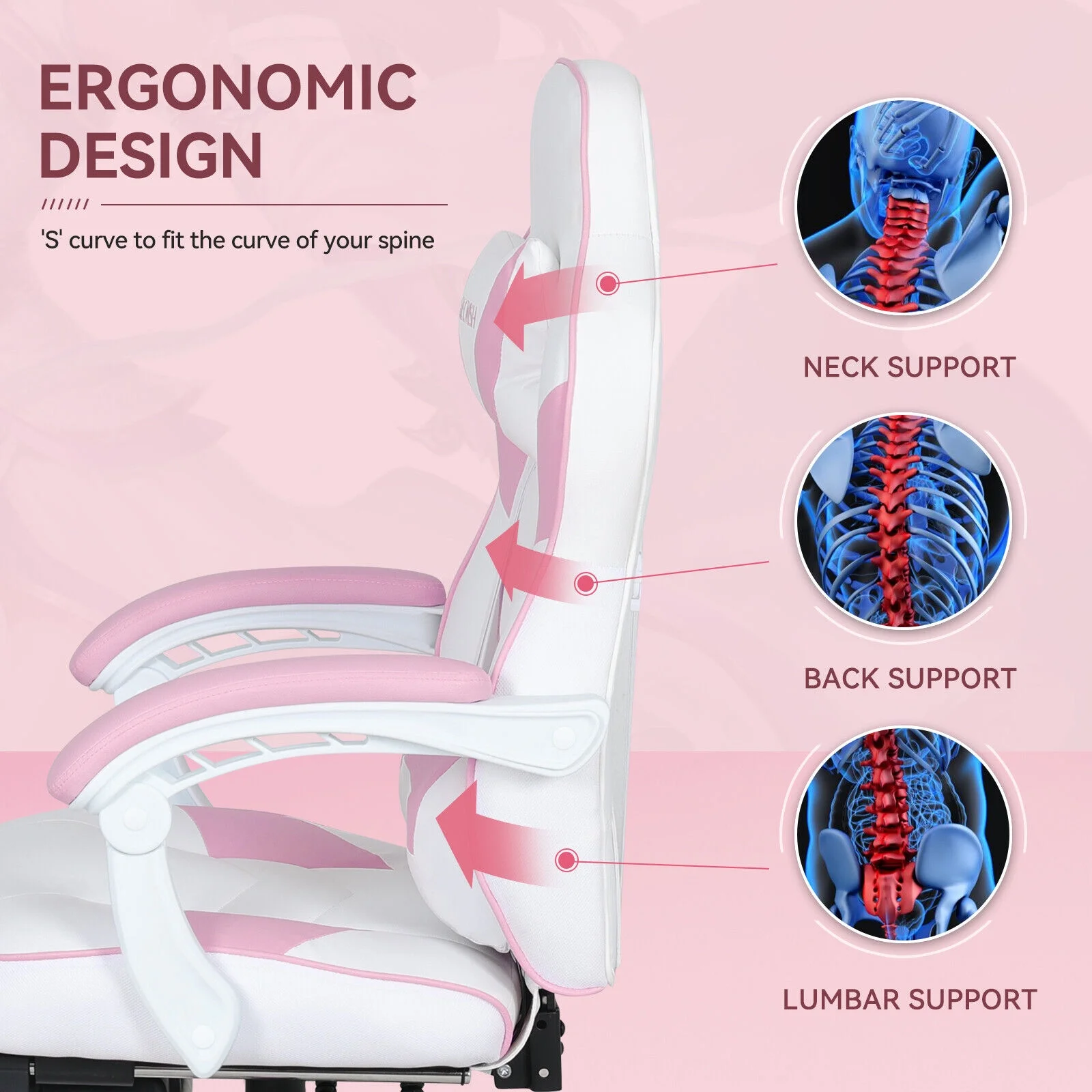 FULLWATT Video Gaming Chair Office Chair Ergonomic PC Computer Chair Reclining Racing Chair with High Back Swivel Executive Office Desk Chair with Extendable Footrest Adjustable Lumbar Pillow Pink