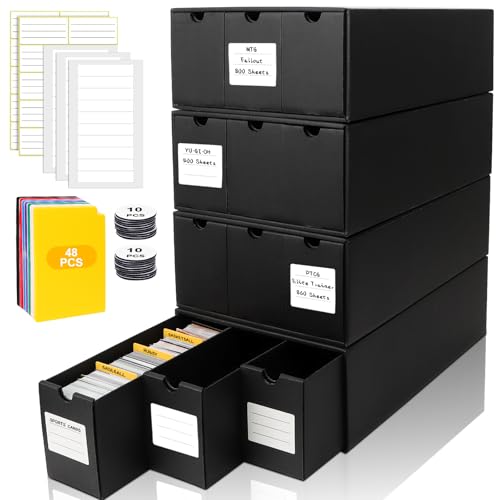 Trading Card Storage Box, Includes 12-600 CT Boxes & 48 Card Dividers, 12000+ Trading Card Organizer for Collectible Card Games, for TCG, YuGiOh, MTG, PTCG, Baseball Cards, with Labels & Tapes