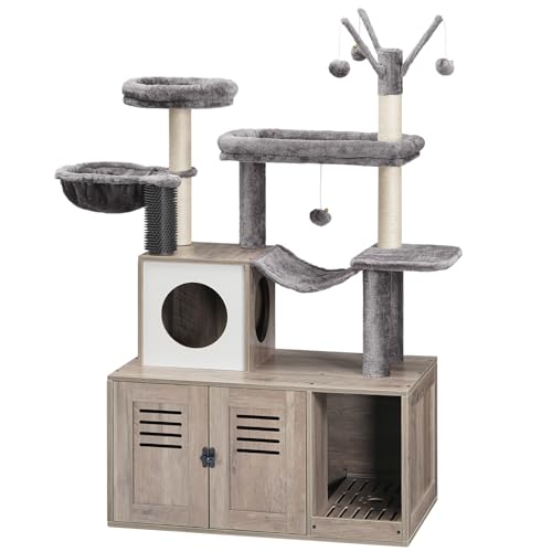 HOOBRO Large Hidden Litter Box, Cat Tree with 30.7'' Long Litter Box Enclosure, Modern Cat Tower, Cat Condos with Scratching Posts, Rubbing Post, Hammock and Teaser Sticks, Greige BG28MZ03G1