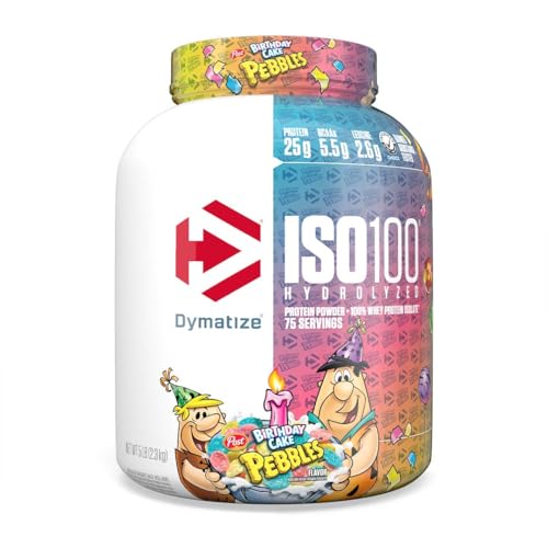 Dymatize x Fruity Pebbles ISO100 Whey Protein Powder Isolate, 25g of Protein, 20 Servings, 5.5g BCAAs, 120 Cal., Gluten Free, 1g Fat, 1g Sugar, 2g Carb