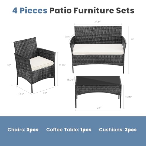 DUMOS Patio Furniture Set 4 Pieces, Outdoor Wicker Furniture with Coffee Table, Modern Rattan Patio Chairs Conversation Sets with Sofa for Garden, Terrace, Porch, Balconies, Lawns, Black