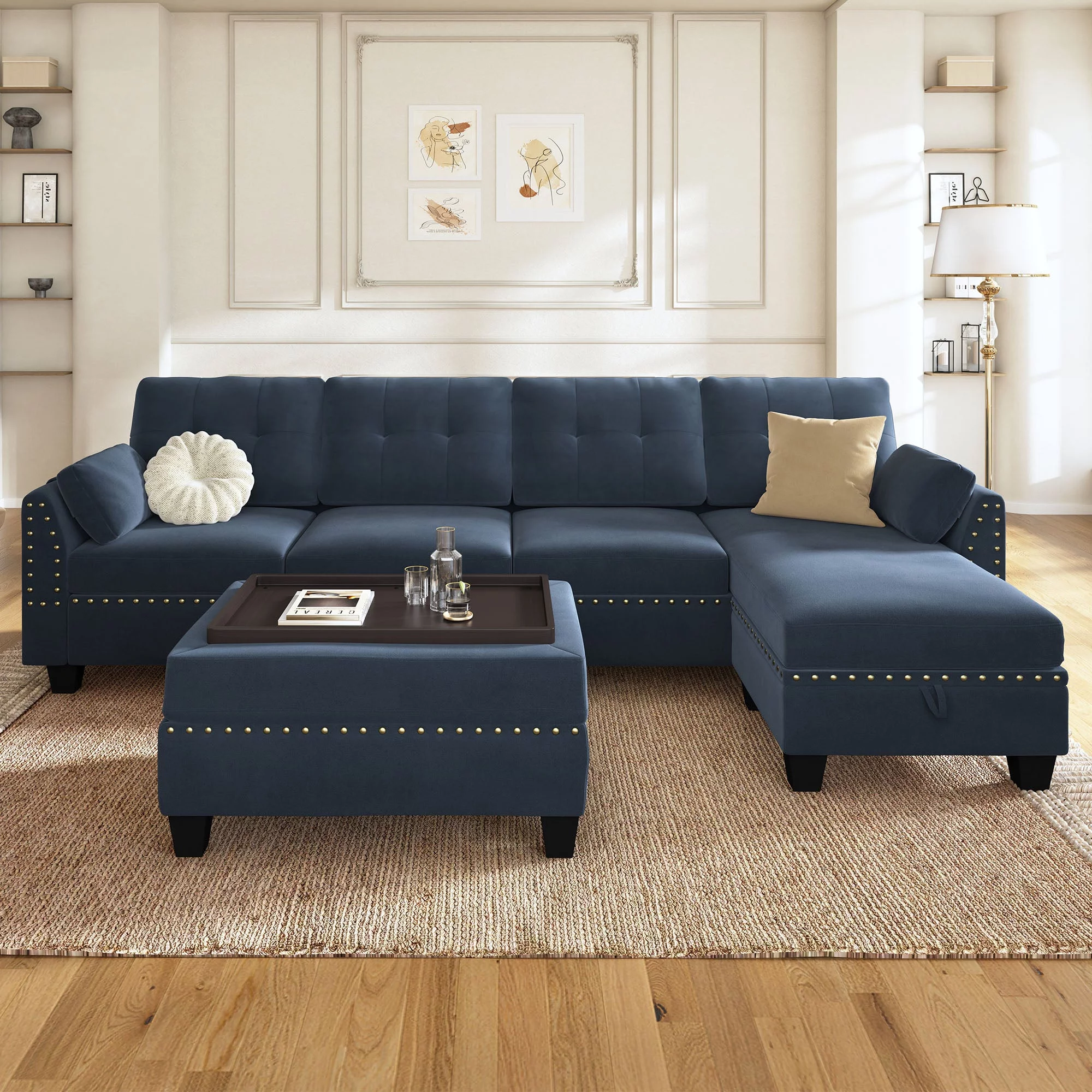 HONBAY Velvet 4-Seat L-Shaped Sectional Sofa with Table Ottoman Set