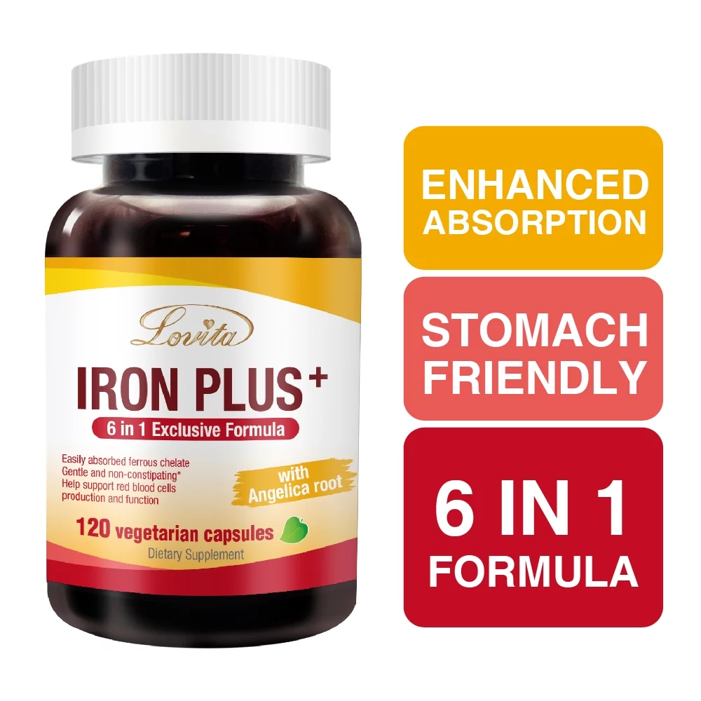 Lovita Iron Plus, Iron Supplement 18 mg (from Ferrous Bisglycinate Chelated Iron) Plus Vitamin C & Angelica Root, Gentle Iron Supplement for Anemia, Non Constipating Formula, 120 Capsules (Pack of 3)