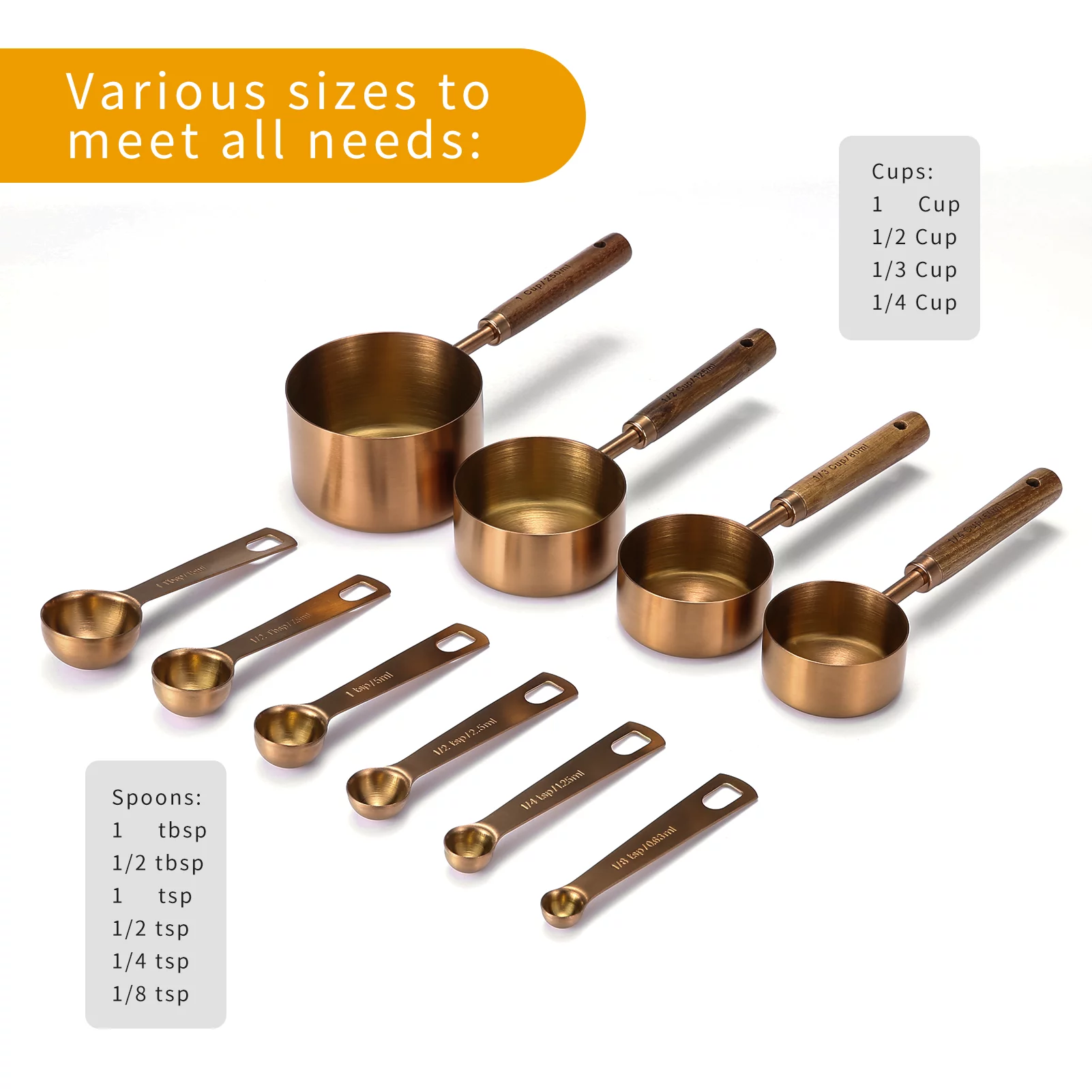 Malmo Measuring Cups and Spoons Set,10-piece with Wooden Handle, Titanium-plating stainless steel, Rose Gold