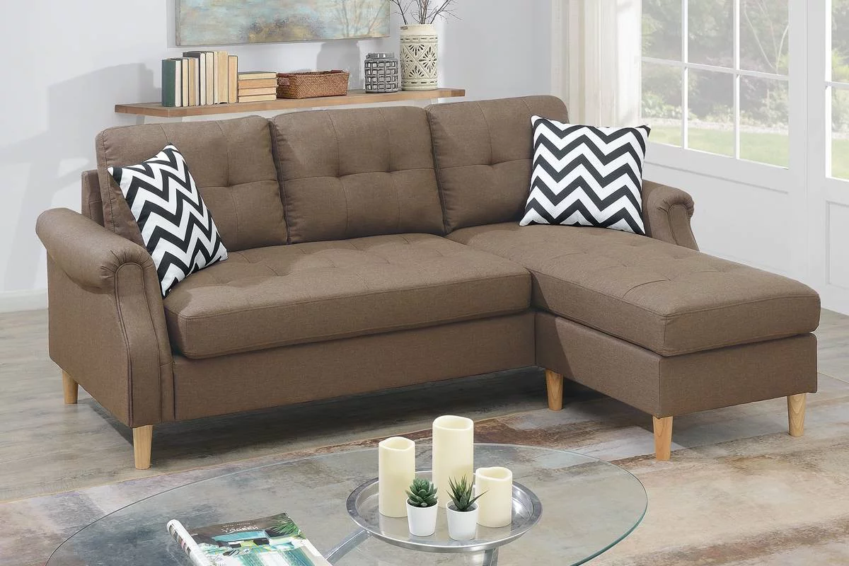 Living Room Modern Relax Small Family Reversible Sectional Sofa Set Polyfiber Light Coffee Cushion Couch Pillows