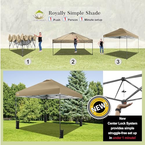 CROWN SHADES 10x10 Pop Up Canopy Tent - Patented Center Lock One Push Instant Outdoor Canopy Beach Tent with STO-N-Go Bag 8 Stakes & 4 Sand Bags，Grid Grey
