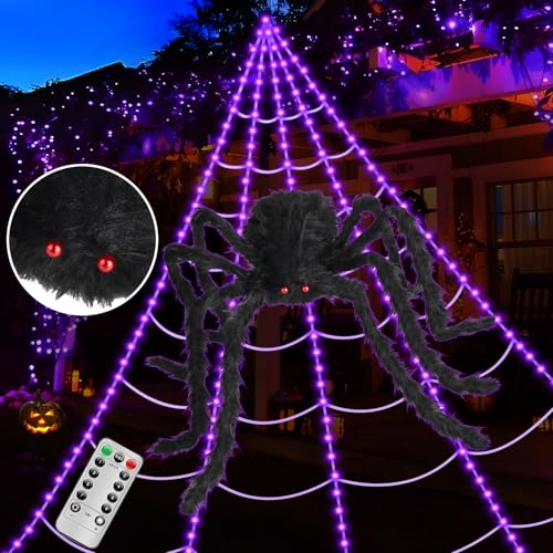 3D HD Dynamic Giant Spider Halloween Projector+Brighter Spider Webs Lights Set,250 Purple LED Light Up,8 Modes 16.4Ft Giant Spiderweb with Remote Control,with 48'' Giant Spider