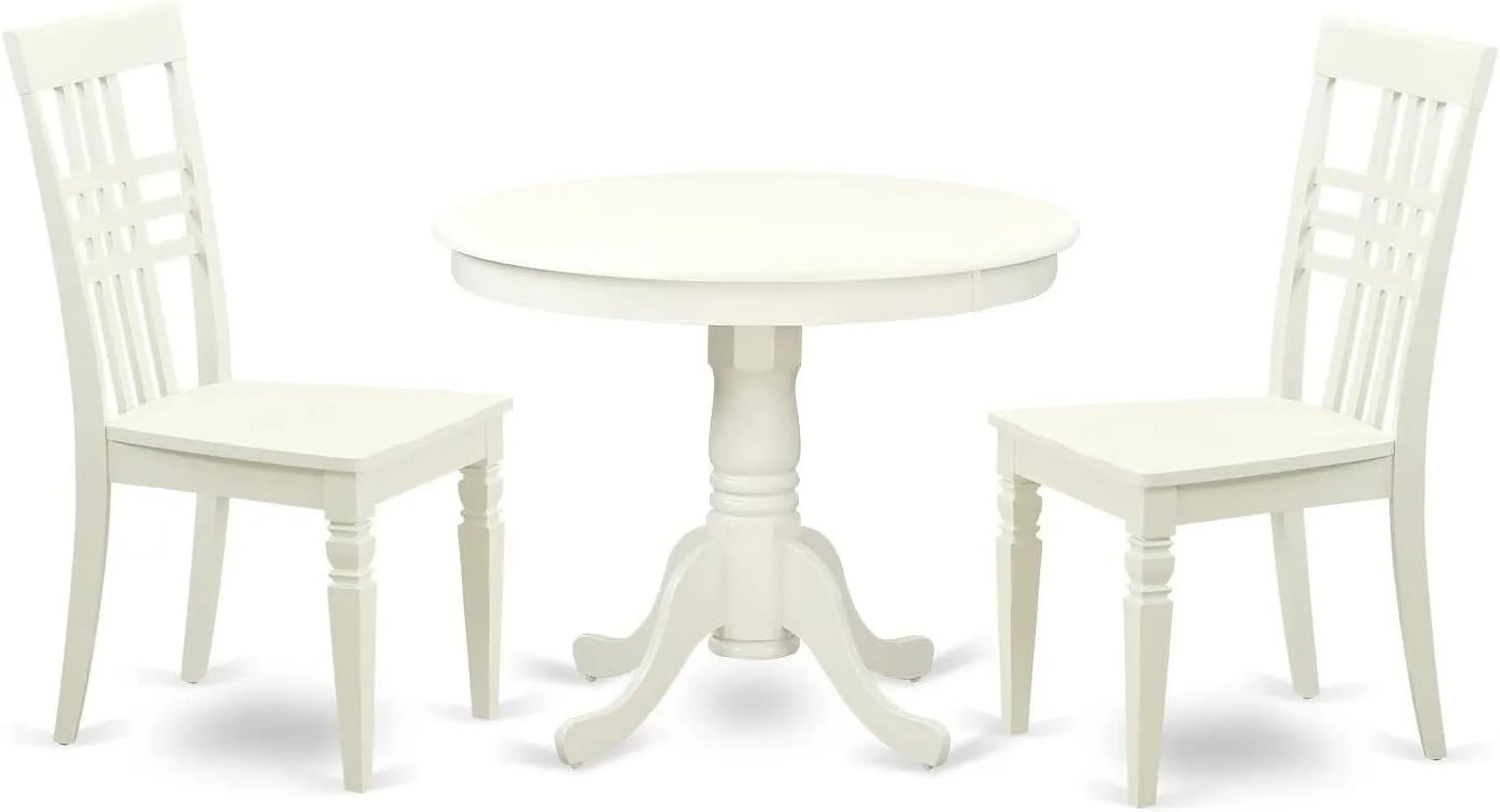 3 Piece Set For Small Spaces Contains A Round Kitchen Table With Pedestal And 2 Dining Chairs, 36X36 Inch, Linen White