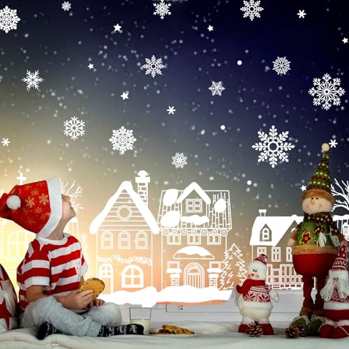 13.8 * 35.4'' Extra Large Christmas Window Clings 4 Sheets White House Snowflake Xmas Tree Window Stickers Double-Sided Glass Decals for Winter Xmas Home Classroom Office Party Decoration